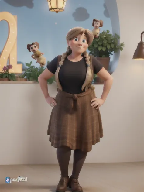 A 50 year old woman, with long light brown hair with blonde highlights tied up, disney pixar style, high quality, best quality.