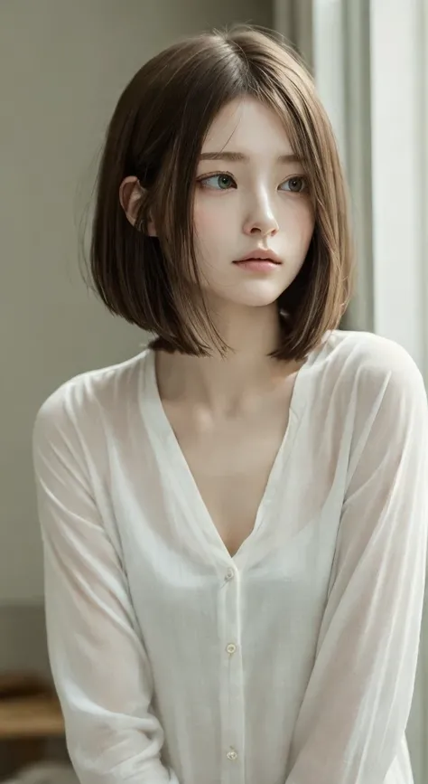 (masterpiece, Highest quality:1.2), naked,like々A cute and innocent appearance、Short straight bob hairstyle、Soft and delicate features、Calm expression、A very thin shirt、Warm and soft colors、Calm atmosphere、Thoughtful Thoughts。
