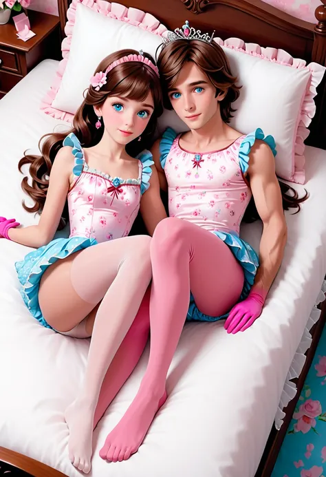 (Style-Princess) (1 man, 1 catgirl) (hetero, couple) (crossdressing, fully clothed) (brown hair, blue eyes) (portrait) (womens clothes only) (womens beautifully feminine skintight velvet floral print frilly girly pink adorable ballet leotards) (white opaqu...