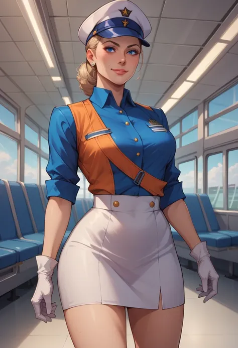 score_9, score_8_up, score_7_up, BREAK extremely detailed, 2d, solo, stewardess, blue blouse, white skirt, gloves, cap, (smile:0.5), indoors, airport, facing viewer, frontal image.