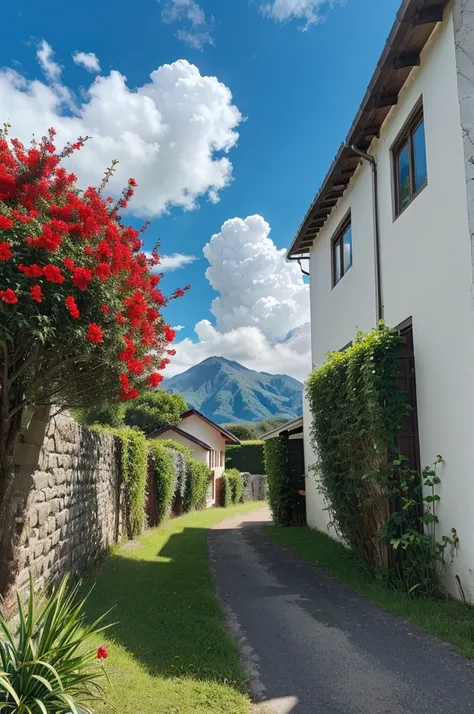 no_humans, outdoors, scenery, sky, cloud, day, flower, tree, mountain, blue_sky, red_flower, house, road, path, plant, nature, building, bush, grass, cloudy_sky, door, bird, wall