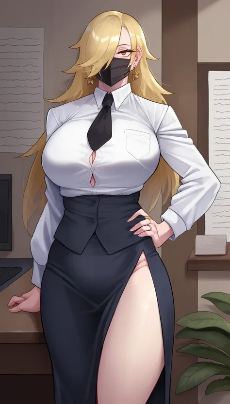 (zPDXL2),  score_9_up, ((adult)), (Human:1.2), (female, tombgirl, tall thin girl), with Center long black hairstyle, (wearing half mask, covers the 1eye), business suit, visible stomach, thigh visible, show legs, scene background, BREAK
 AissistXLv2, unaes...