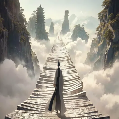 Image of a man standing on the stairs leading to the fairy mountain, , An ancient road, Taoism, He is approaching the mountain,  Taoism大师