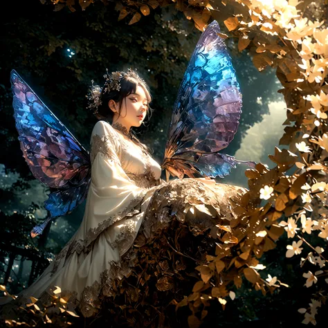 Moonlight,The arrival of spring, Mr.々Beautiful flowers
, A swallowtail butterfly with beautiful iridescent wings,View from below, 空から落ちてくるMr.々A gem, Amazingly beautiful scenery, Slightly hazy, wonderful, High resolution, 8K, (Highest quality, High resoluti...