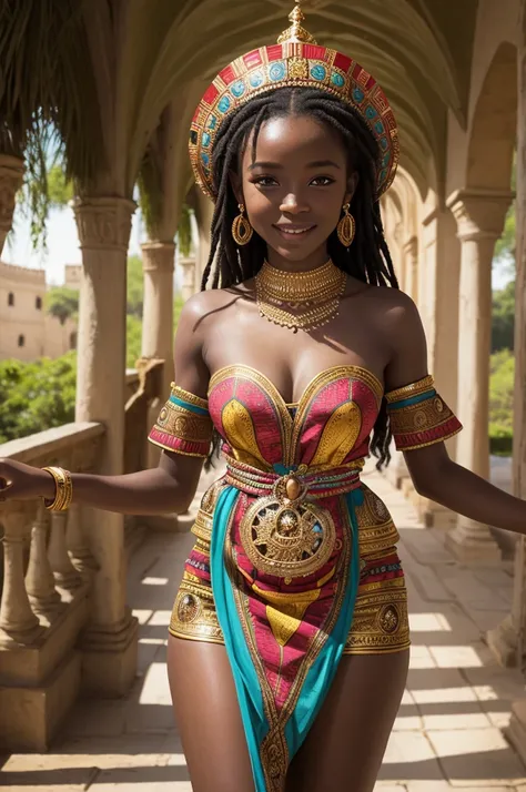 Princess Adanna**: One with skin as dark as the night, with a traditional African dress, perhaps with tribal patterns or brightly colored fabrics. She has a curious look and a gentle smile as she explores the palace gardens..