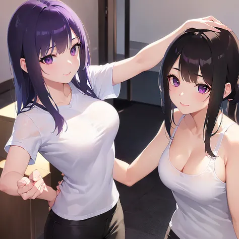 Cleavage, Side angle, Upper Body, Realistic, Real person, (青whiteい肌: 1.2), Shiny skin, Shiny Hair、(A 25-year-old woman with straight hair and bangs) and (Medium Hair) and (Black Hair) and (Purple eyes) , (white) and (T-Shirts) 、smile, The background is the...