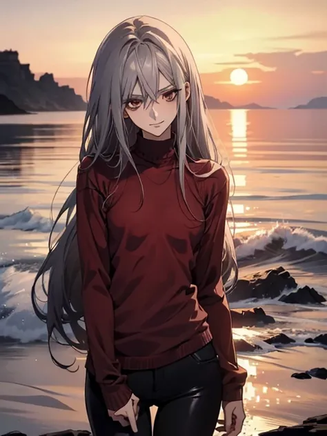 (Confused, High resolution, Very detailed), 1 female, Silver Hair,Long Hair,Reddish brown eyes,Deep red sweater,skinny pants,24th generation,beauty,mature,thin,quiet,Calm,A small smile,Long ko-to,Slender and thin,,Sea at dawn,Small breasts,thin body,Are th...