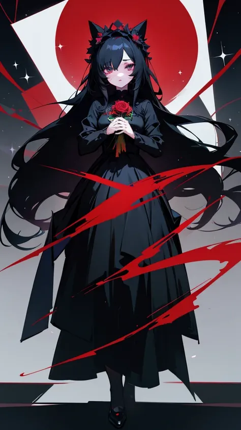 Anime girl with long black hair wearing a black dresss with red roses around it with sparkles a rose covering her left eye her eyes are blue full body and white screen