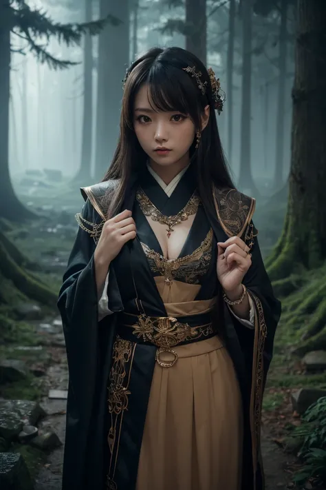 ((masterpiece)), ((best quality)), (ultra-detailed), ((kawaii)), cute, (lovely), ((extremely detailed)), 4K, (8K), ancient, young, girl, Japanese, solo, necromancer, dark, elaborate, robes, mystical, symbols, eerie, aura, ancient, tomb, foreboding, forest,...