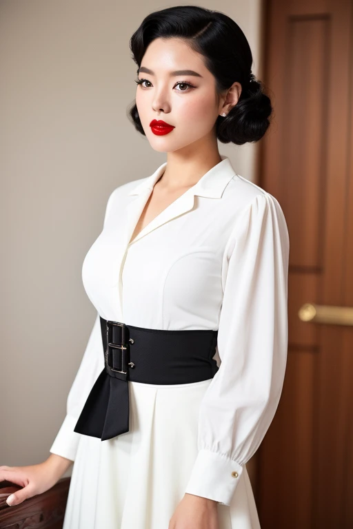 1 korean girl, sexy girl, strikingly beautiful, black hair, big breasts, delicate facial features, porcelain skin, red lips,expressive eyes, Mallory Malones costume description is very detailed and、、Features a unique and interesting style. In a white long-...