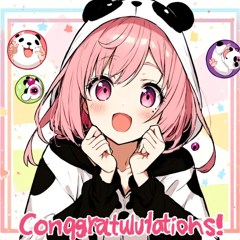 anime、Girl in panda costume、Pink Hair、Mole under the eye、Pink eyeball、Cute pose、Congratulations