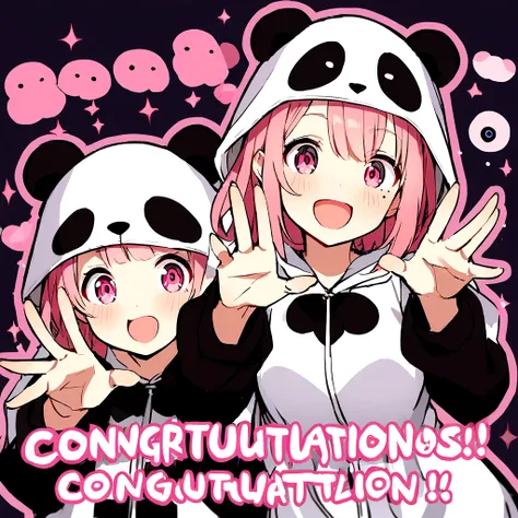 anime、Girl in panda costume、Pink Hair、Mole under the eye、Pink eyeball、Cute pose、Congratulations