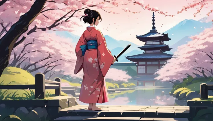 A woman in a kimono holding a sword,Japanese temple with cherry blossoms in the background、 Wide-angle lens, Lofi Anime, Lofi illustration, Aesthetic atmosphere, Lo-Fi Style, Vector art, Flat Design, Simple shape, Warm tones, Pleasant atmosphere, Chill, In...