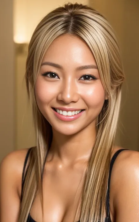 gyaru, shiny oiled skin, face close up, smiling