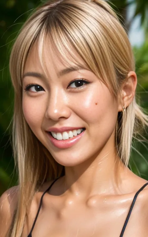 gyaru, shiny oiled skin, face close up, smiling