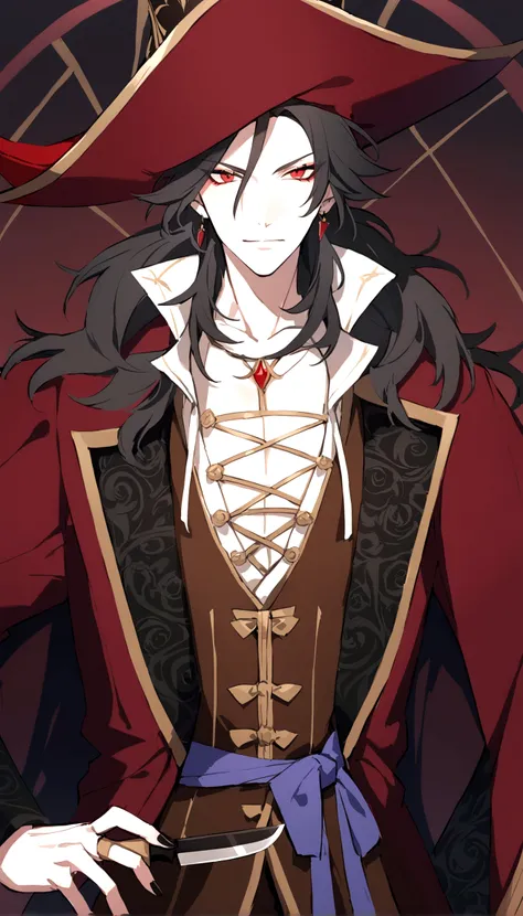 a man in a pirate costume holding a knife and a knife, alucard, handsome male vampire, male vampire, delicate androgynous prince, ((wearing aristocrat robe)), beautiful androgynous prince, vampire lord, androgynous vampire, dignified aristocrat, male vampi...