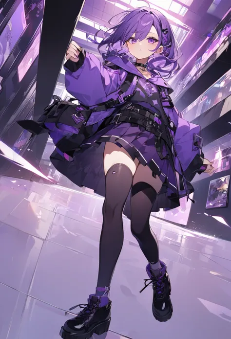 Keito。Purple Eyes。Purple Hair。Purple Skirt。Black shoes下。Black shoes。Purple hoodie