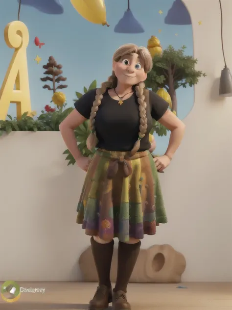 A 50-year-old woman, with long light brown hair with blonde highlights tied up, wearing a colorful skirt with the colors green, yellow and red, Disney Pixar style, high quality, best quality.