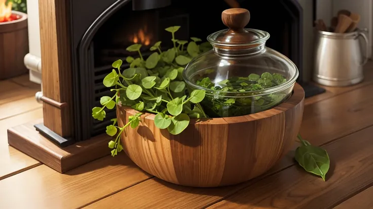 glass pot with honey on wood stove, watercress and Hibiscus leaves