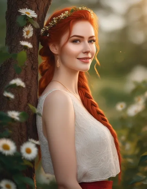 masterpiece, best quality, gorgeous pale american cute girl, smiling, (crop top), red hair loose braided hair, short polca skirt, lean against a tree, field, flowers smiling, perfectly symmetrical face, detailed skin, elegant, alluring, attractive, amazing...