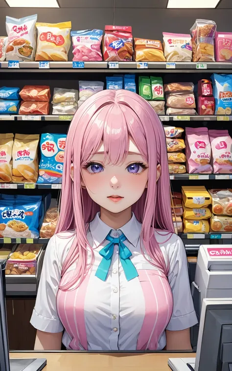 Highest quality、super high quality、16K, Delicious breasts、Facial expressions are random、The place is a convenience store、 Her hair color is pink、The pose is of a person working at the cash register at a convenience store.、The distance is random、Angles are ...