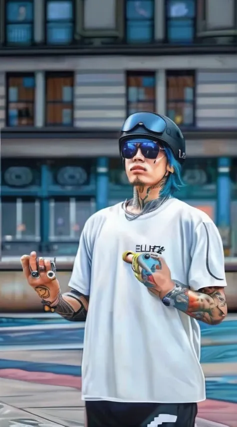 painting of a man with tattoos and a helmet on holding a skateboard, extremely high quality artwork, nft portrait, realistic anime 3 d style, hyper-realistic cyberpunk style, 2 d anime style, photorealistic!!!!!!! art style, hyperrealism artstyle, realism ...