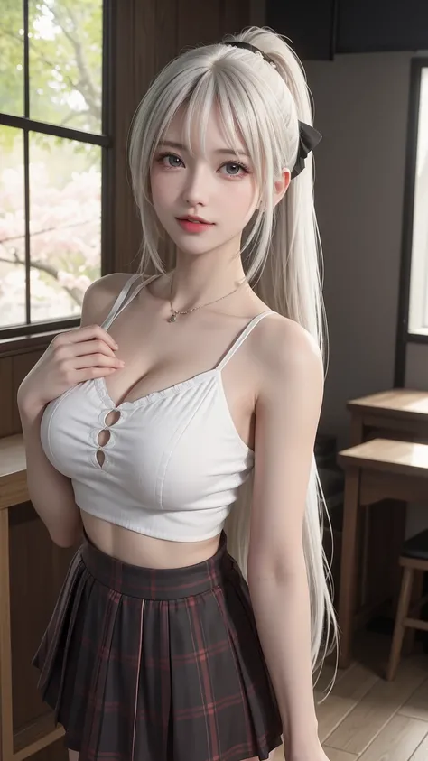 ((Huge breasts))，((Plaid Mini Skirt，Bikini，Swimsuit，In the classroom，desk，blackboard))，((masterpiece,wonderful, 最high quality, Photorealistic and Very detailed CG integrated 8k wallpaper, high quality, Very detailed, Narrative Poems, Particle Effects, dyna...