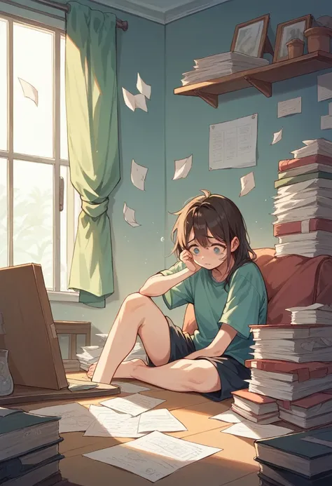 A person is sitting in his living room, surrounded by bills and papers spread across the table. She has her head in her hands, visibly worried and sad. The light is soft and there is an air of tension in the air.