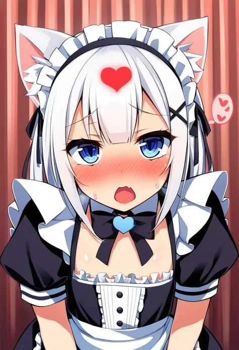 one girl, cat ears, white hair, naive, aphrodisiac, maid, light blue eyes, blush, erotic hypnosis, standing, face focus, shy, bow, heart mark, 13 years old, open mouth, sexy mouth