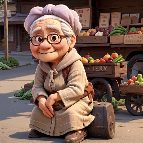 An old poor woman face with wrinkles sitting by the street selling some vegetables.


