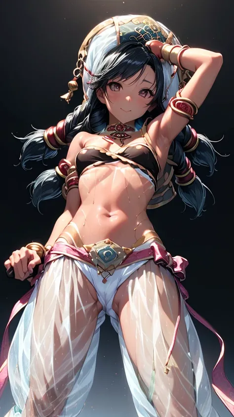 1girl, Angle from the front, The girl bends forward to show off her breasts、(Talim), (Tanned shiny black skin:1.6)、光る目, ((grinning with a devilish smile)), (10 years old girl), blondes、Twin tails、forehead、Small breasts, hat, ((((arabian clothes, see-throug...