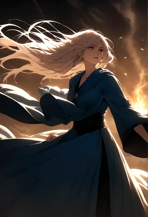 Create an illustration of A mage garbed in azure robes, their hair dancing in the breeze, their spells conjuring swirling vortexes of wind to buffet their enemies. Their presence is as ephemeral as a passing breeze, yet their spells carry the force of a ra...