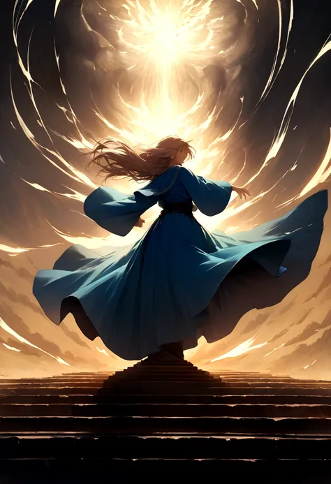 Create an illustration of A mage garbed in azure robes, their hair dancing in the breeze, their spells conjuring swirling vortexes of wind to buffet their enemies. Their presence is as ephemeral as a passing breeze, yet their spells carry the force of a ra...