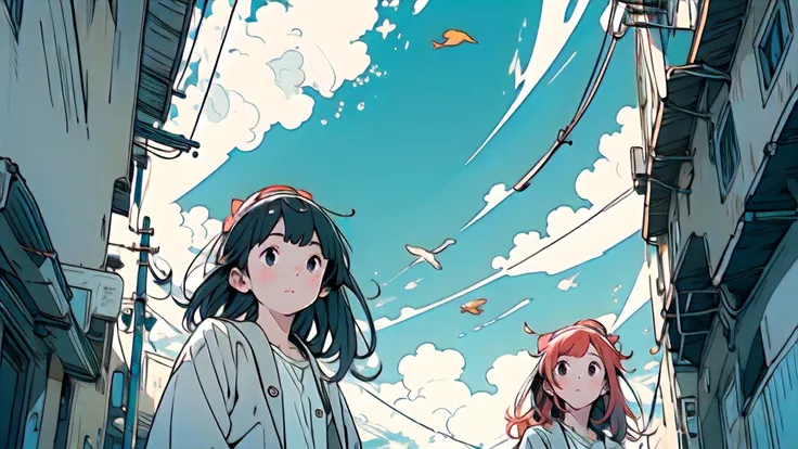 High definition,4ｋ,Two Girls,Two good friends,null,cloud,Outdoor,Black Hair,bird,Upward view,blue null,White socks,Daytime,building,Long sleeve,leaf,Long Hair,red head band,Pump rope,head band,bangs,cloudy null,from_Under,wide_shot,nullに浮いている二人,青nullの中を泳いで...