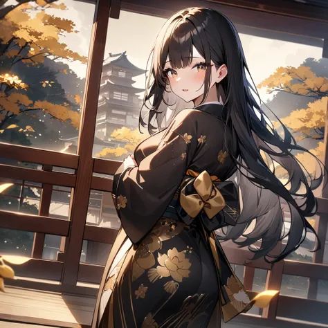 girl,Japanese style,Japanese Pattern,Black Hair,Long Hair,masterpiece, best quality, very aesthetic, absurdres,Gold and Black,Gold Leaf,Japanese styleの背景