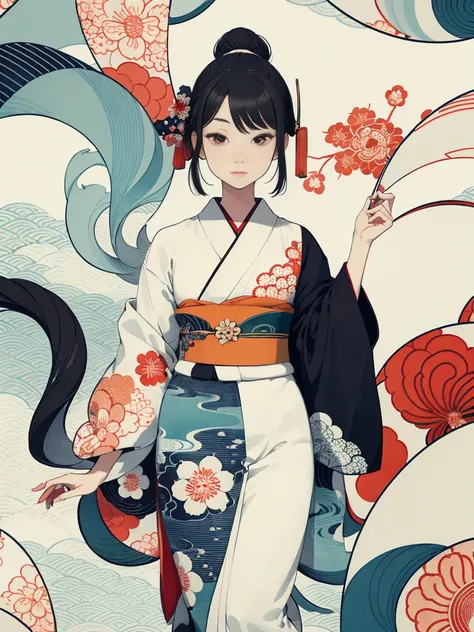 Create an image inspired by the beauty of Japanese ukiyo-e, with delicate lines, flat colors, and an emphasis on pattern and composition. Kimono white,Kaleidoscope Background，colorful