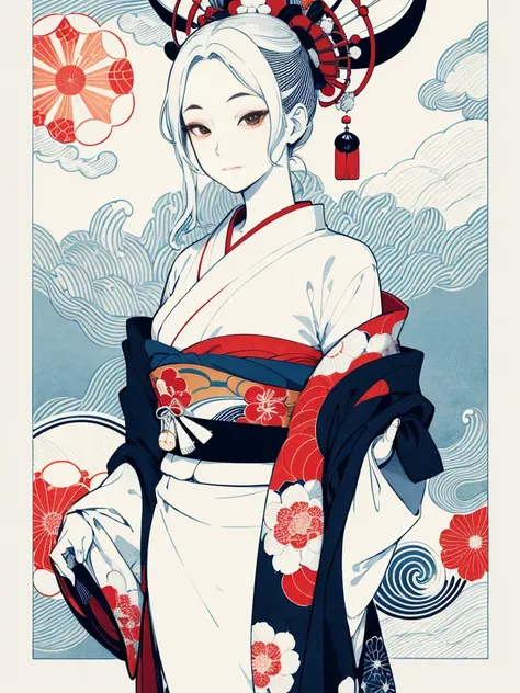 Create an image inspired by the beauty of Japanese ukiyo-e, with delicate lines, flat colors, and an emphasis on pattern and composition. Kimono white,Kaleidoscope Background，colorful