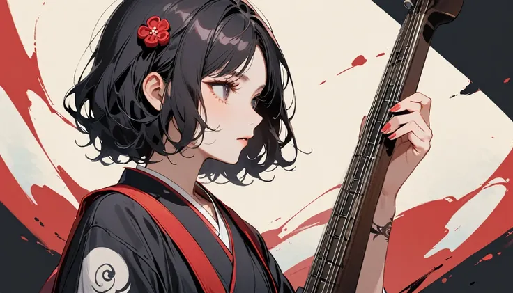 Highest quality, Katsushika Hokusai, Ink Painting, (((Playing Bass))), (((Light colored sunglasses))), (((1 girl))), (((Tattoo on face))), Japanese style headphones, beautiful girl, Black Hair, Delicate and precise, Modern ukiyo-e style, Darkness