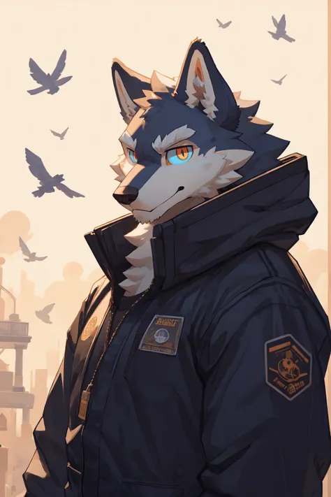 Best quality, Professional, Vivid Colors, Cinematic light, full body, wolf, Muscular male, kemono, by bigcozyorca, Solo, grey Fur, white body, golden eyes, pectorals, (detailed face, detailed eyes:1.5), looking at viewer, workwear brown spacesuit, besides ...