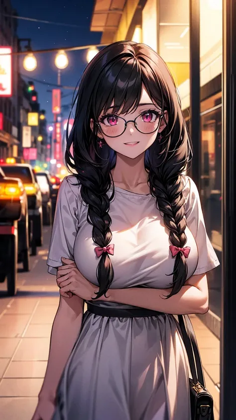 (best quality, Masterpiece), 1 girl, The sun shines, In the building, black hair, Beautiful long hair, double braid, pink eyes, glasses, cute, Bright face, Good mood, Huge breasts, collarbone, Fashionable clothes for a beautiful date, shy, 1 woman, young g...