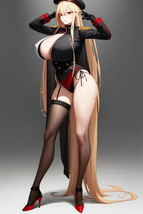 A woman，Long blond hair，Red eyes，Wear a black military cap，Wearing a black bikini，Long legs，Nipple protrusion，Twenties，exposed，Black high heels，Huge breasts，超级Huge breasts，Standing