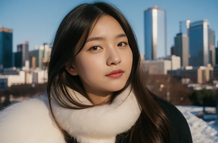 photorealistic, 8k full-length portraits, Beautiful woman, A charming expression, Clear system,  16 years old, Tokyo, Winters, Shibuya in the background