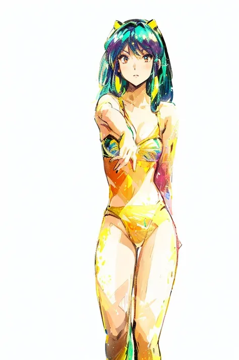 painting of a woman in a yellow bikini with a green headband, made with anime painter studio, painted in anime painter studio, anime character; full body art, juri misaki, anime woman fullbody art, urusei yatsura, monokini, ecchi, knights of zodiac girl, a...