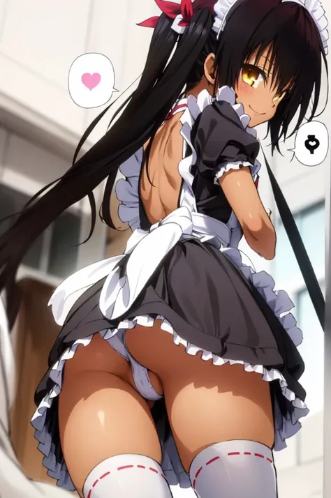 1girl, aster nemesis, dark-skinned female, black hair, very long hair, yellow eyes, flat chest , twin tails, looking at viewer, , , tanned body,from below, ,,8yo,,smile,,(spoken heart),(((maid costume))),miniskirt,thighhighs,,ass,from behind