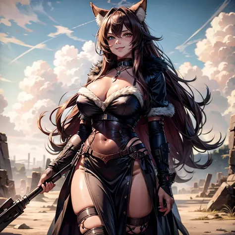 Walk in an apocalypse setting, [Best quality, shaded, extreme details, very detailed, ultra detailed, complex, realistic, perfect face], fenrir woman, thick fur, long hair, (red colored fur), almond eyes, smile discreet, serene face, wears a brooch around ...