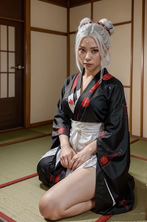 really photography full body screencap cosplayer Jorogumo women,thirty nine years old,White hair in a bun with Japanese hair ornaments,red eye,wearing a black kimono with Spider webs motif,sitting on a spider web in an abandoned traditional Japanese style ...