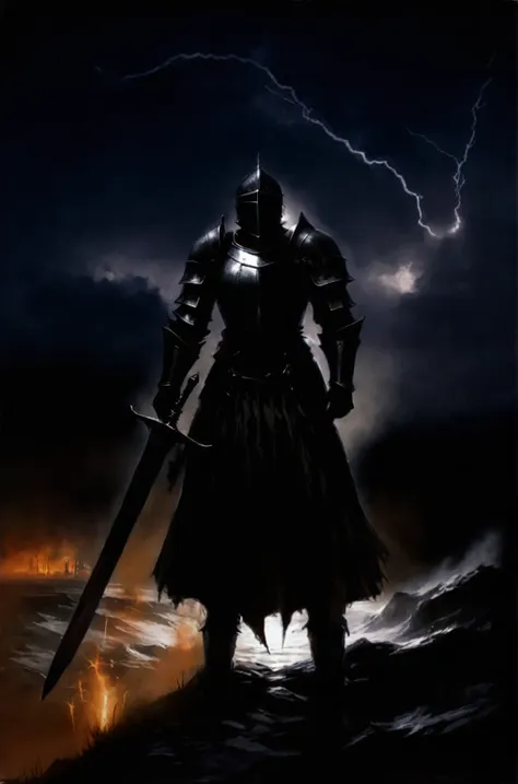 arafed knightgirl in a dark storm with a sword in his hand, evil knightgirl, dark souls knightgirl, gothic knightgirl, the dark ...