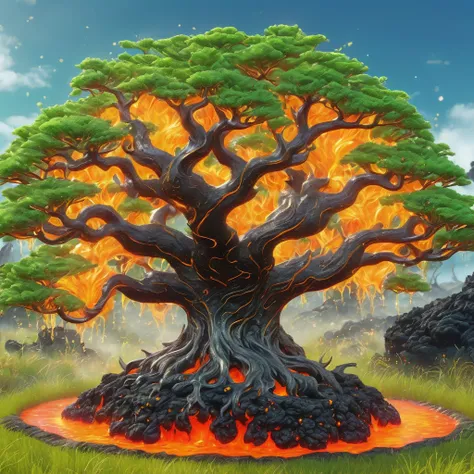 best quality, very good, 1.60,000, ridiculous, extremely detailed, lovely tree，has horns made of translucent boiling lava, backg...