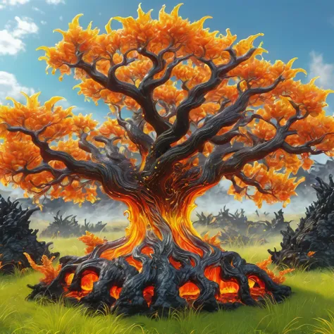 best quality, very good, 1.60,000, ridiculous, extremely detailed, lovely tree，has horns made of translucent boiling lava, backg...