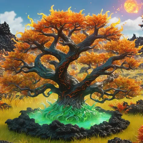 best quality, very good, 1.60,000, ridiculous, extremely detailed, lovely tree，has horns made of translucent boiling lava, backg...